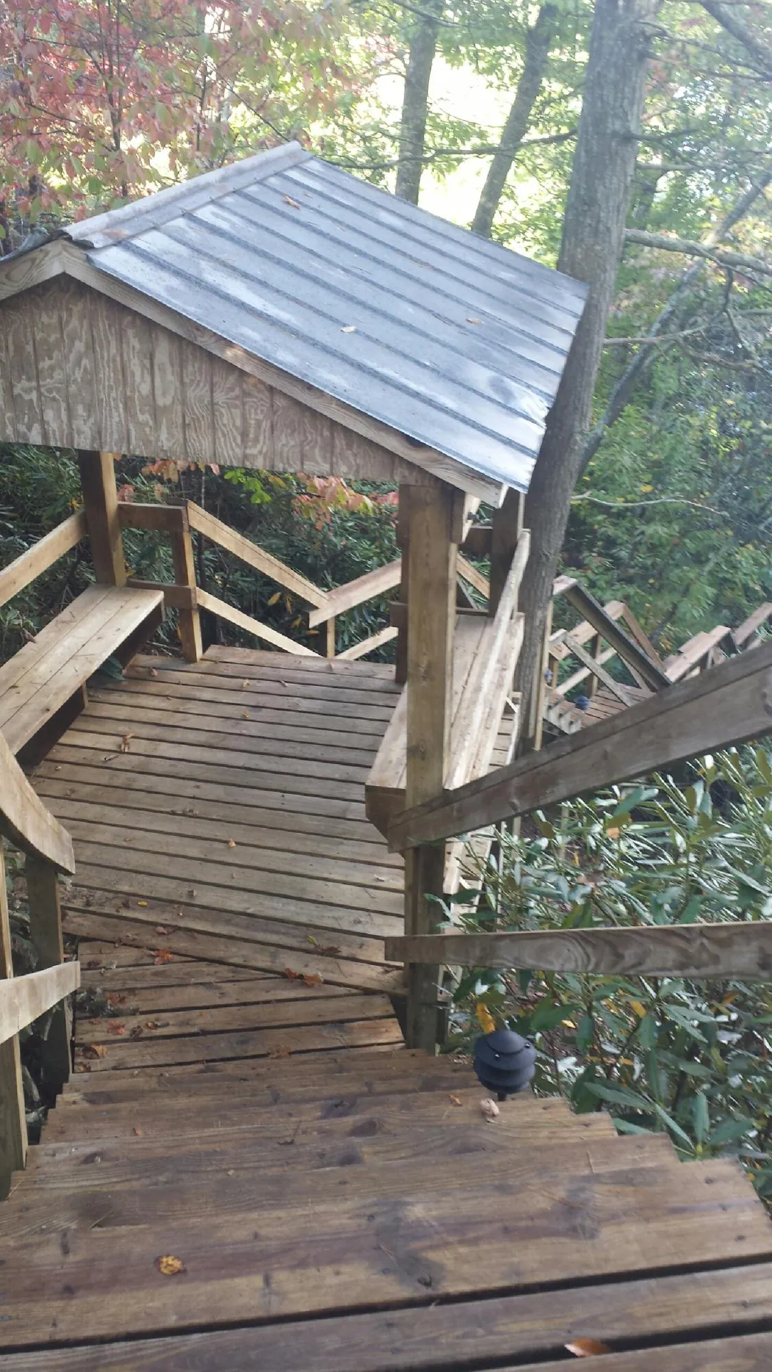Metal roofed shelter over wooden steps on a wooded walkway — Skylight Repair & Installation work by our crew in Metaline Falls